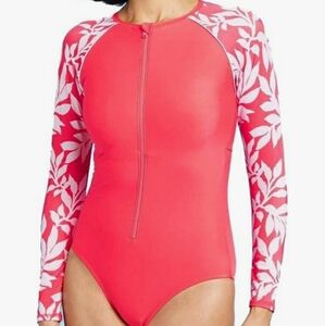 All in Motion long sleeve open back One Piece Floral coral  Swimsuit size M